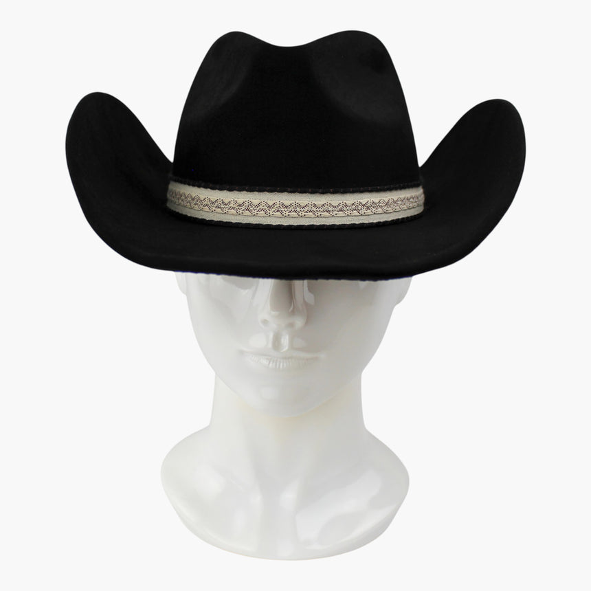 Diamond-Jacquard Faux-Suede Western hat, front view of the Black colorway showing the dark diamond motif on the cream band