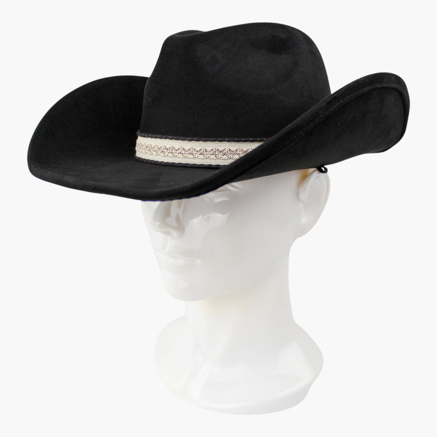Diamond-Jacquard Faux-Suede Western hat, Black colorway at a three-quarter angle showing the band tapering back at the side