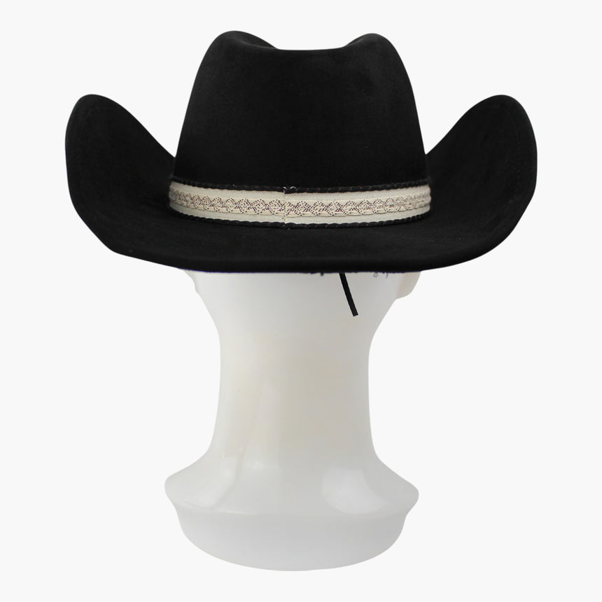 Diamond-Jacquard Faux-Suede Western hat, back view of the Black colorway showing the vertical seam where the band ends meet