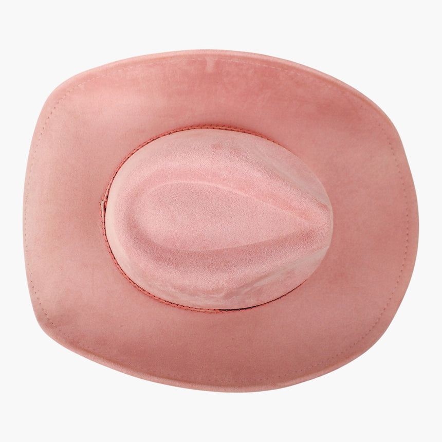 Diamond-Jacquard Faux-Suede Western hat, Pink colorway seen from above showing the paler crease against the deeper pink brim