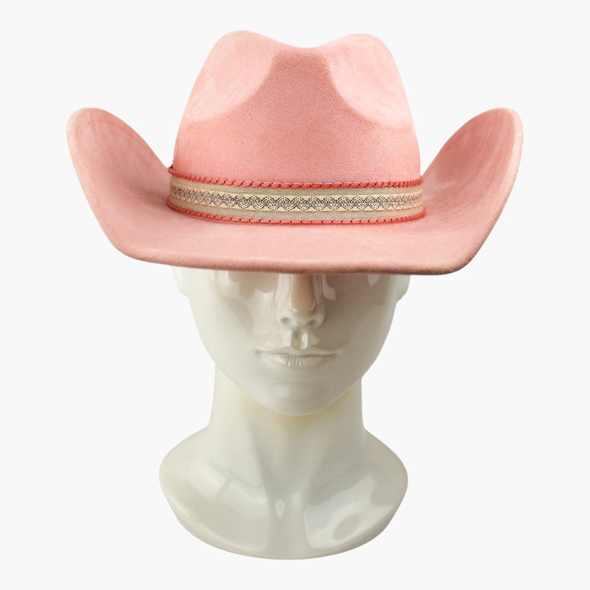 Diamond-Jacquard Faux-Suede Western hat, front view of the Pink colorway showing the coral-tone cord edging above and below