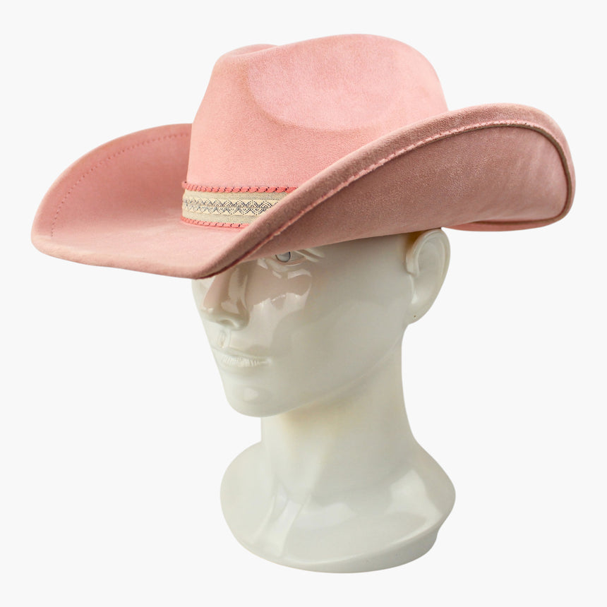 Diamond-Jacquard Faux-Suede Western hat, Pink colorway at a three-quarter angle showing the rolled-under brim curling up