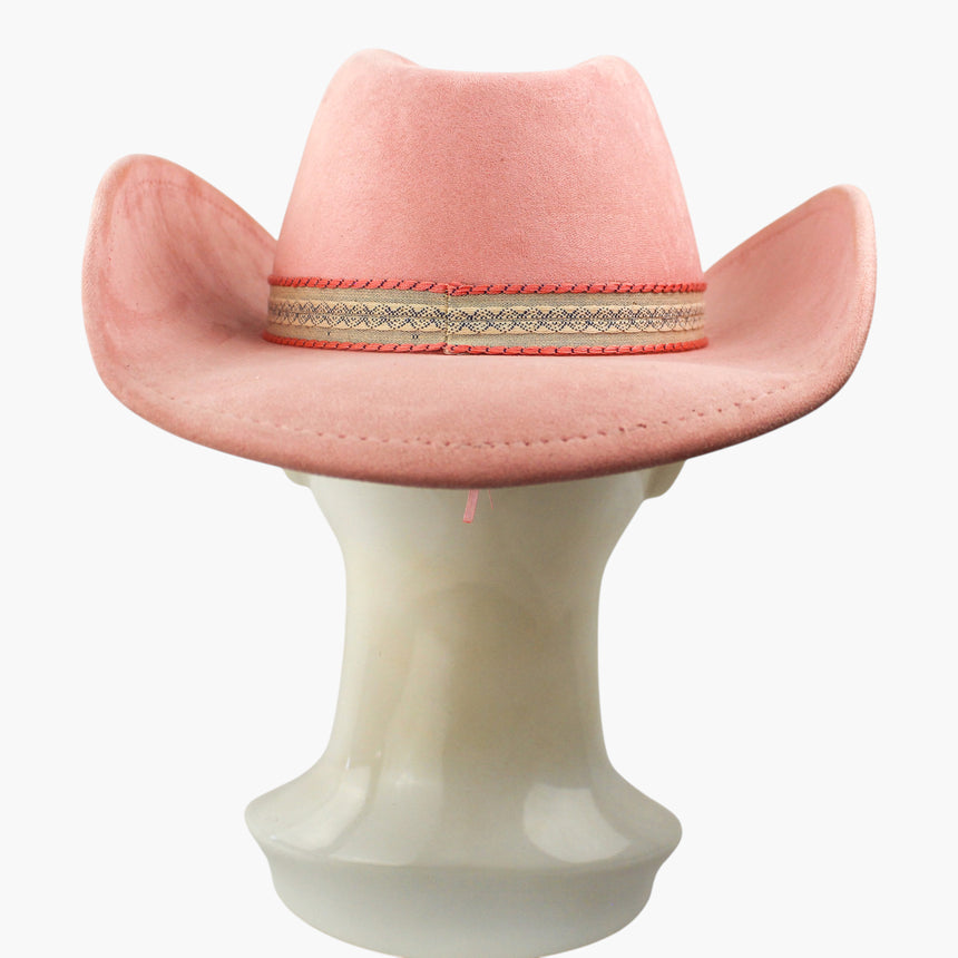 Diamond-Jacquard Faux-Suede Western hat, back view of the Pink colorway showing the two coral-tone edgings at the back seam