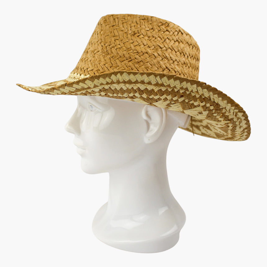 Diamond-Weave Straw Western hat, Camel colorway in profile showing the deep upsweep of the brim side edge