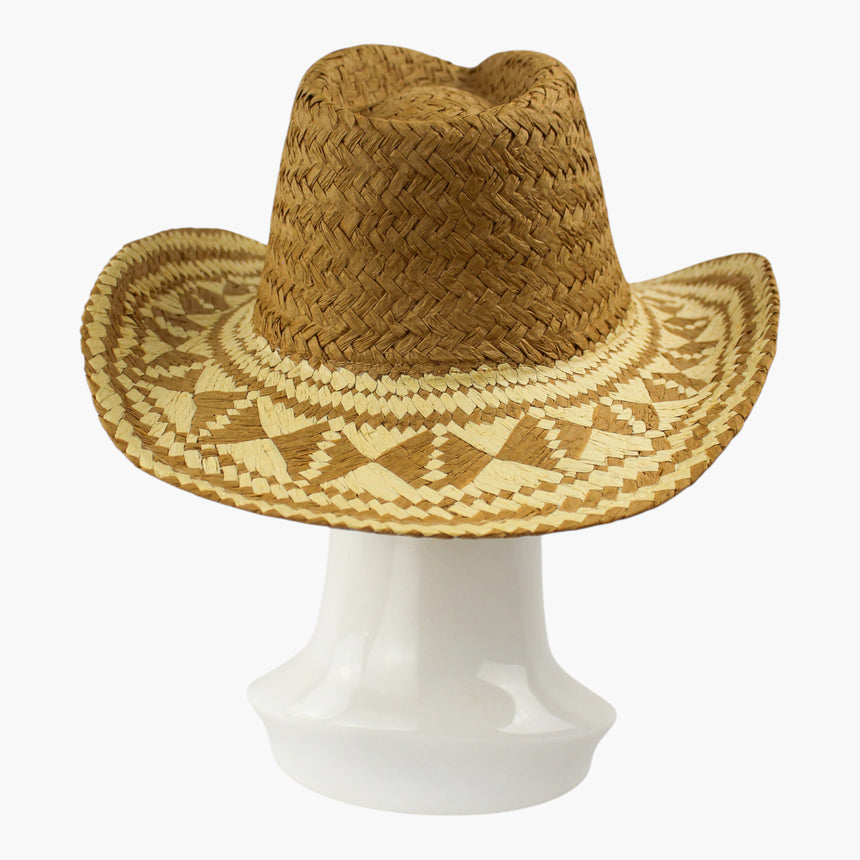 Diamond-Weave Straw Western hat, front view of the Camel colorway showing the pinch-front crease above the diamond field