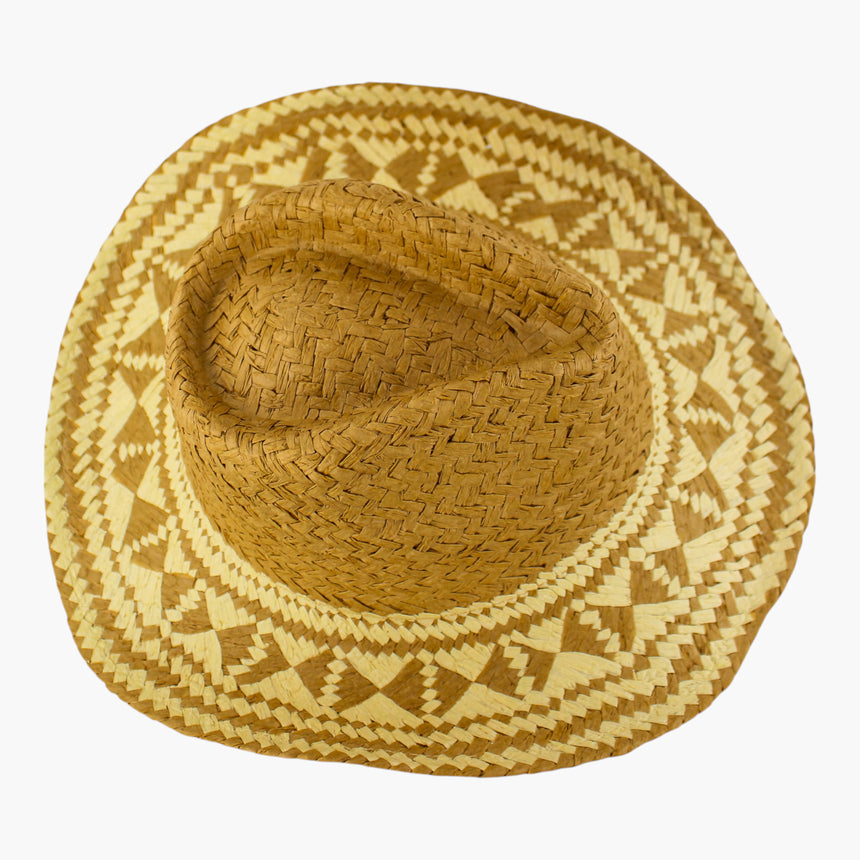 Diamond-Weave Straw Western hat, Camel colorway seen from above showing the diamond bands radiating out across the whole brim