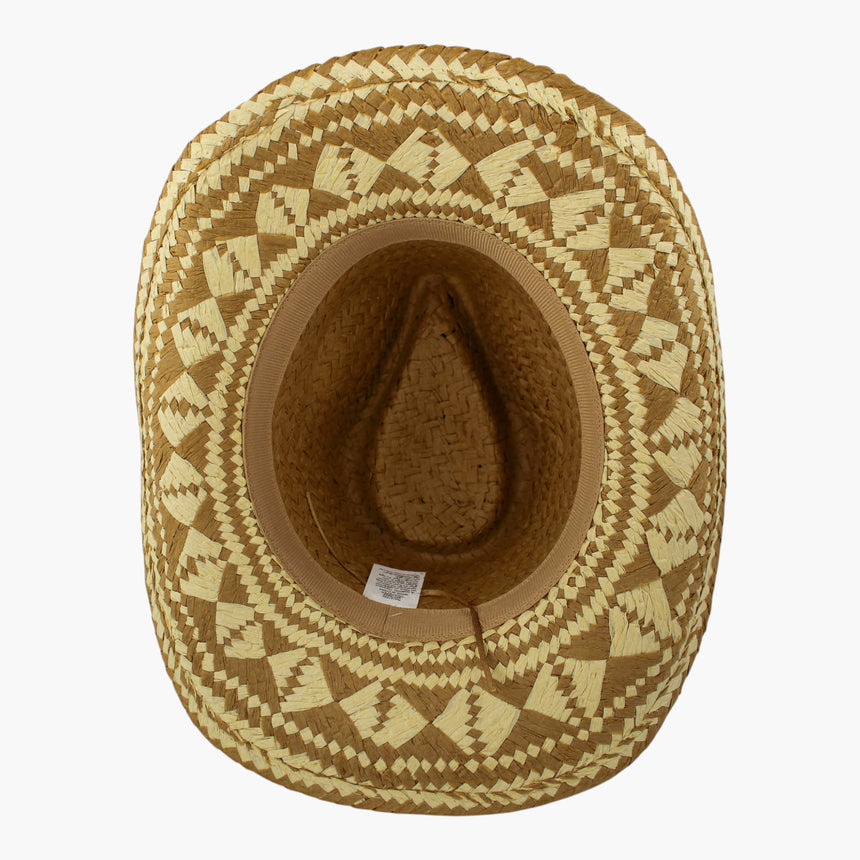 Diamond-Weave Straw Western hat, underside of the Camel colorway showing the tan sweatband and the care label