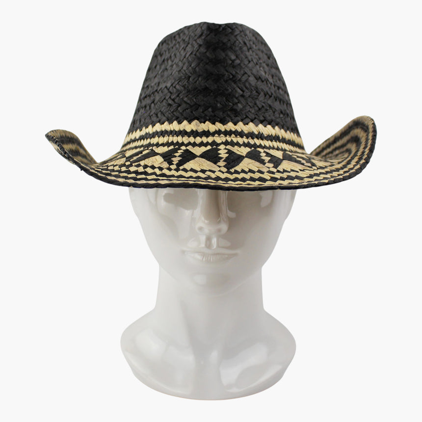 Diamond-Weave Straw Western hat, front view of the Black colorway showing the natural-tone diamond weave against the black