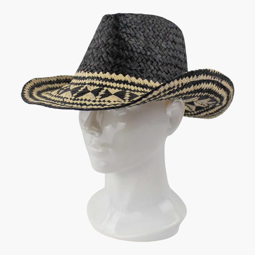 Diamond-Weave Straw Western hat, Black colorway at a three-quarter angle showing the diamond bands curving up the brim