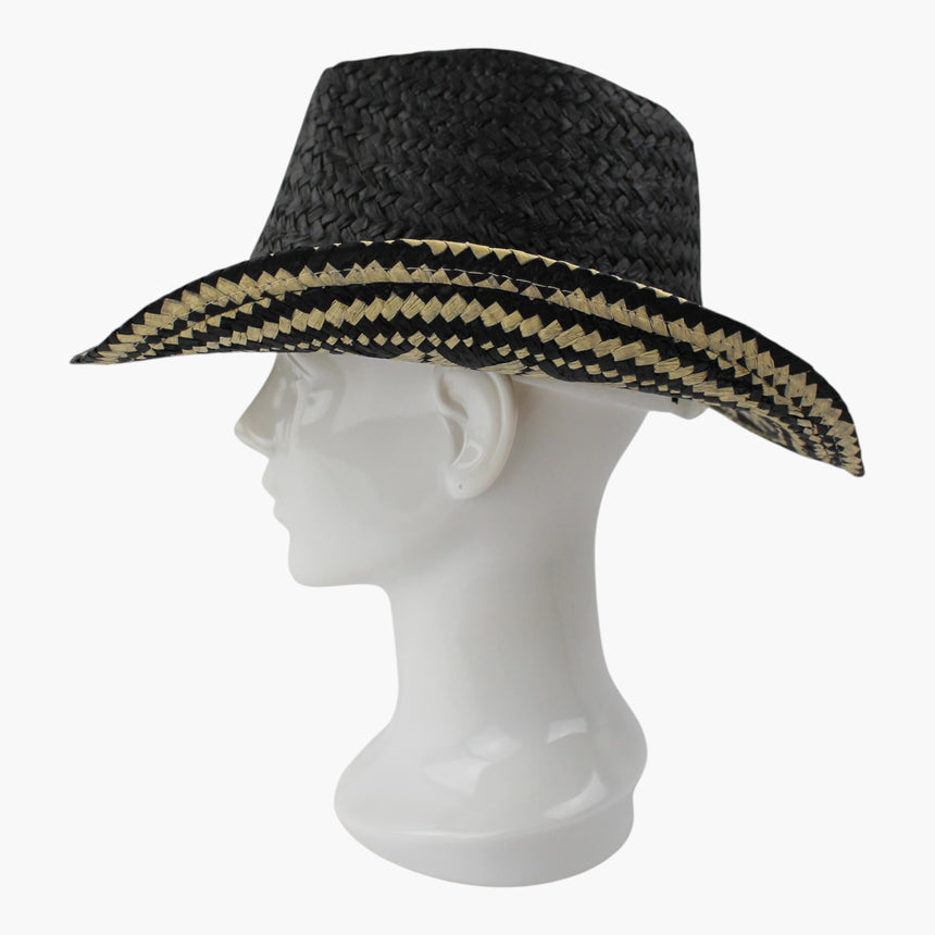 Diamond-Weave Straw Western hat, Black colorway in profile showing the rolled outer brim edge as one continuous line