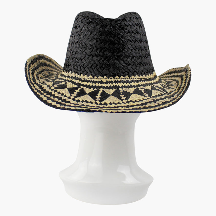 Diamond-Weave Straw Western hat, front view of the Black colorway showing the wide upturned brim on both sides