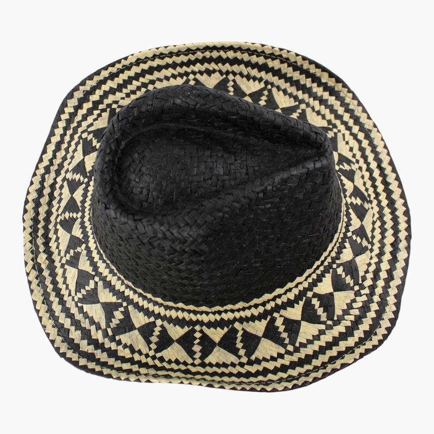 Diamond-Weave Straw Western hat, Black colorway seen from above showing the zigzag borders framing the diamond band
