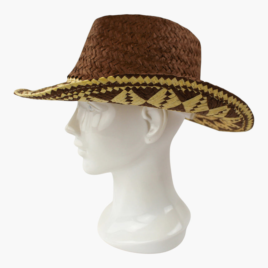 Diamond-Weave Straw Western hat, Rust colorway in profile showing the closely plaited crown seen from the side