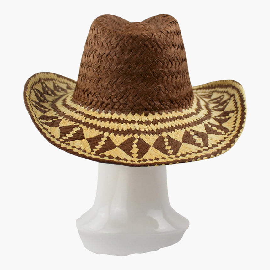 Diamond-Weave Straw Western hat, front view of the Rust colorway showing the two-tone zigzag border around the brim edge