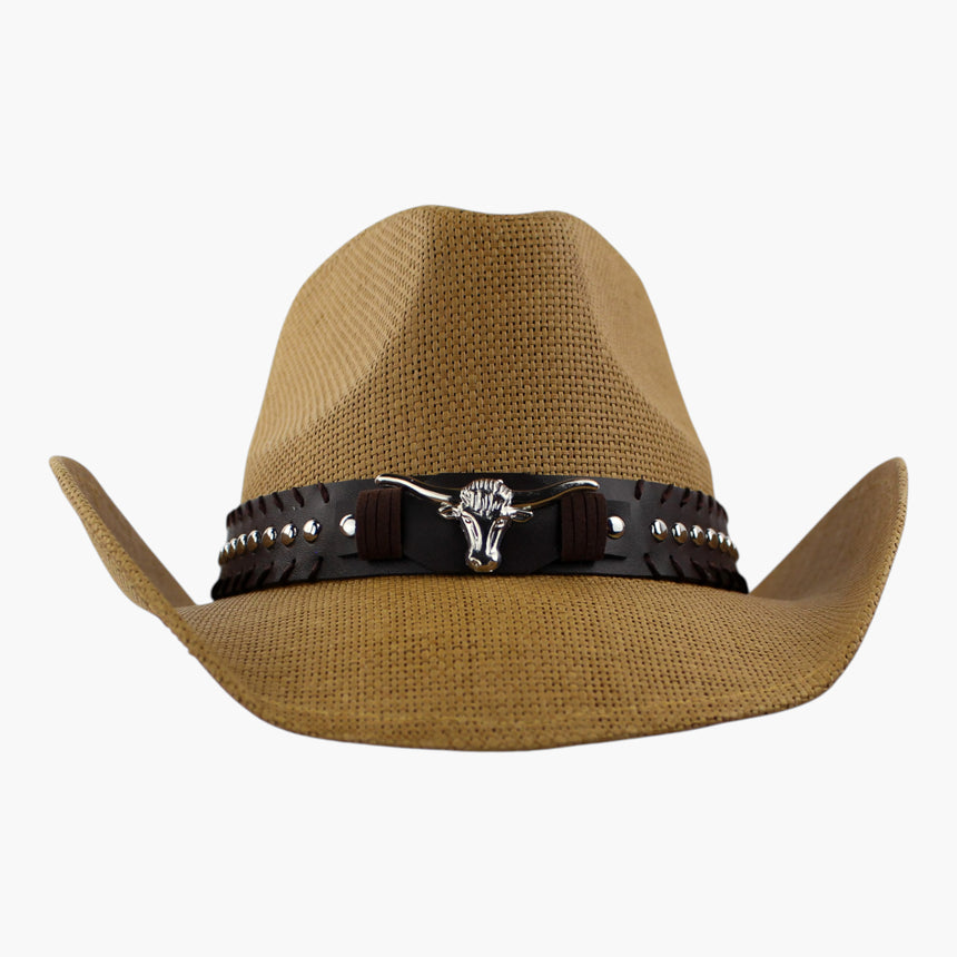 Dome-Stud-Longhorn Straw Western hat, front view of the Camel colorway showing the steer medallion at the band front