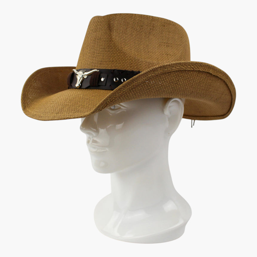 Dome-Stud-Longhorn Straw Western hat, Camel colorway at a three-quarter angle showing the row of silver-tone dome studs