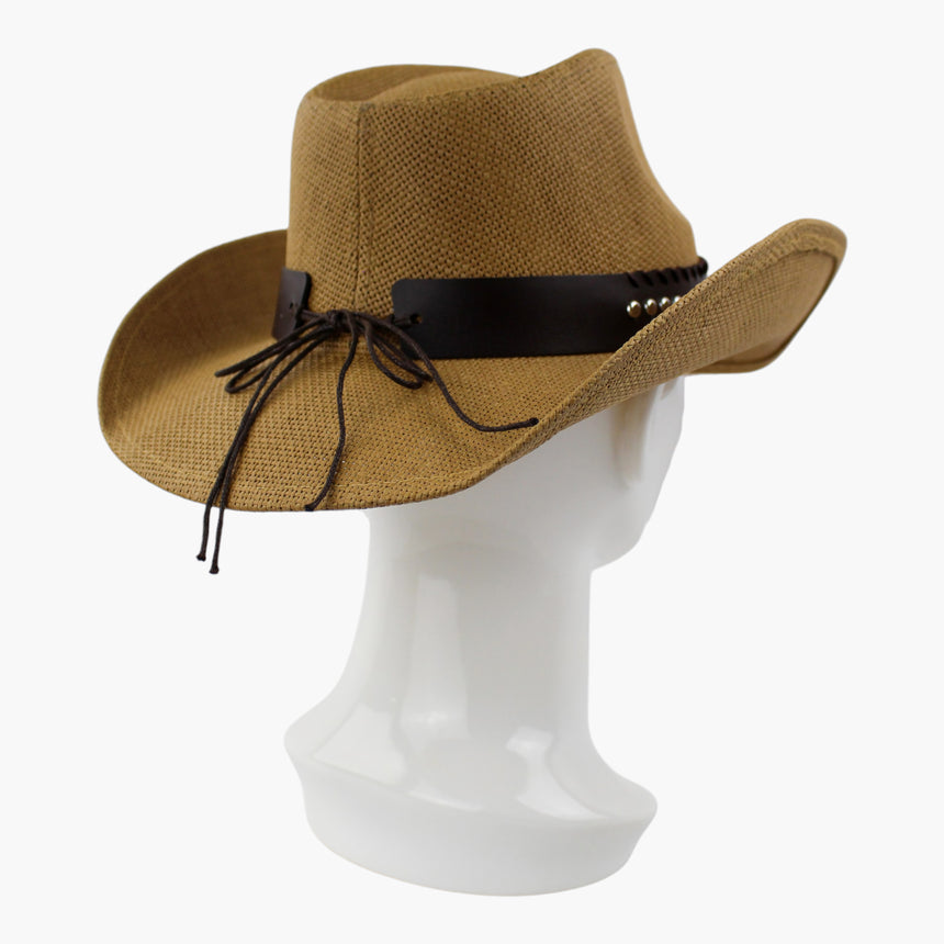 Dome-Stud-Longhorn Straw Western hat, Camel colorway at a rear three-quarter angle showing the cord ties knotted behind
