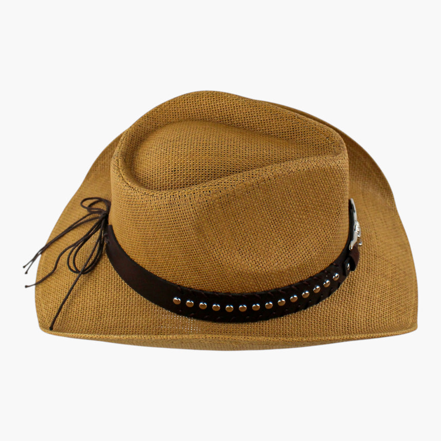 Dome-Stud-Longhorn Straw Western hat, Camel colorway seen from above showing the cattleman crease and the warm burn