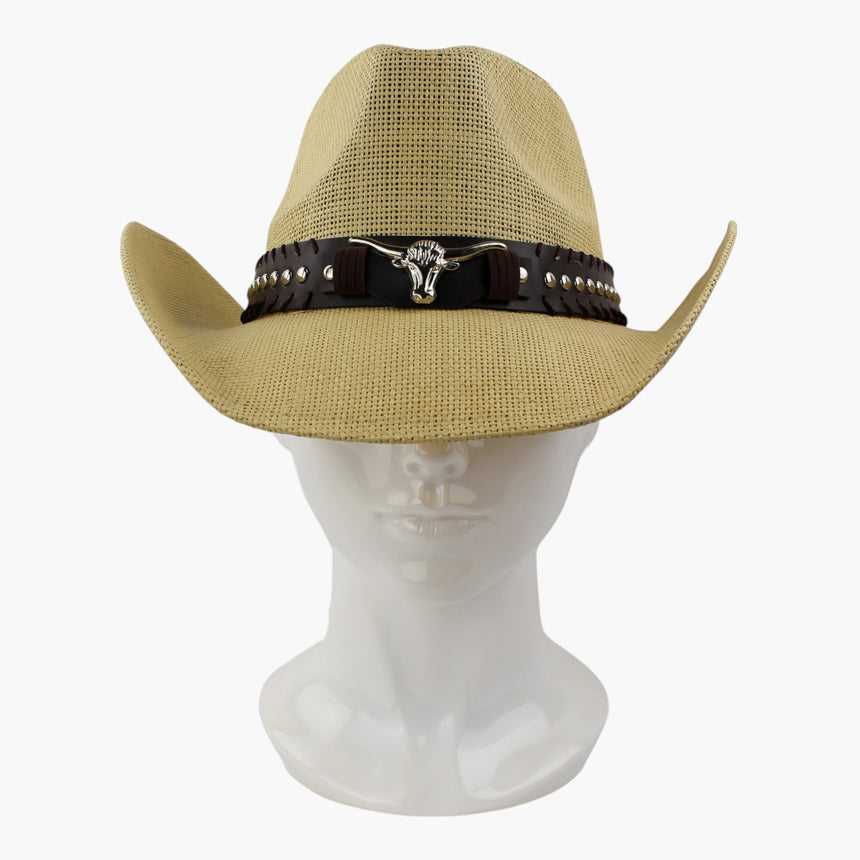 Dome-Stud-Longhorn Straw Western hat, front view of the Natural colorway showing the wrap tabs either side of the medallion