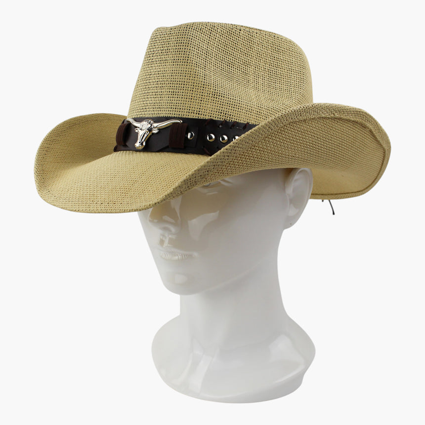 Dome-Stud-Longhorn Straw Western hat, Natural colorway at a three-quarter angle showing the whip-stitched band edge