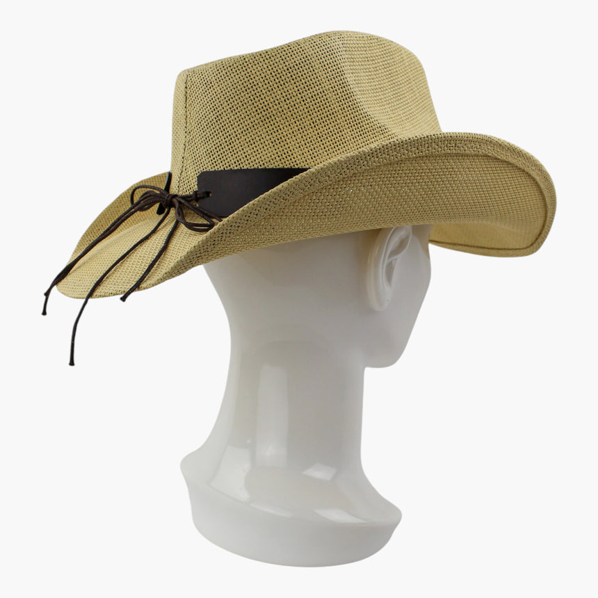 Dome-Stud-Longhorn Straw Western hat, Natural colorway at a rear three-quarter angle showing the squared band tail end