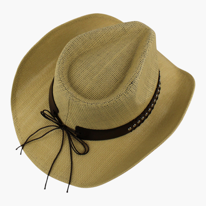 Dome-Stud-Longhorn Straw Western hat, Natural colorway seen from above showing the studded band against the pale crown