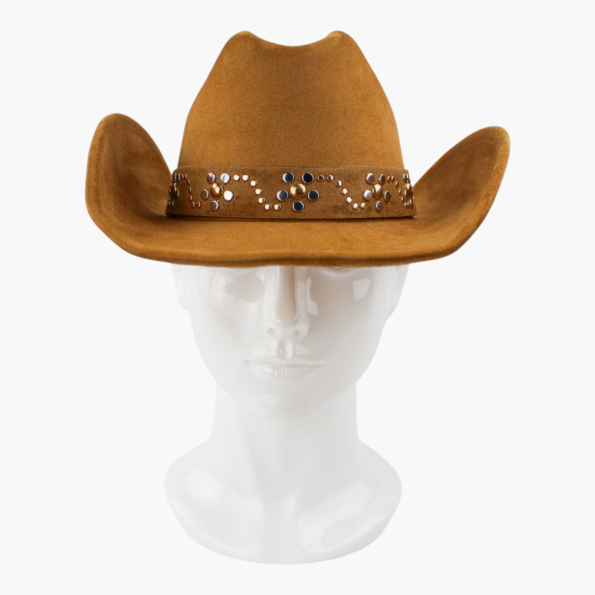 Dot-Stud-Vine Faux-Suede Western hat, front view of the Camel colorway showing the wavy stud vine running the strap length