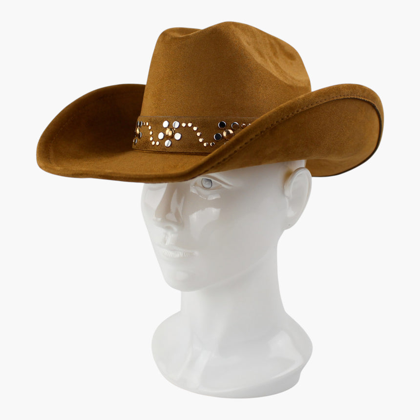 Dot-Stud-Vine Faux-Suede Western hat, Camel colorway at a three-quarter angle showing the dot studs stepping small to large