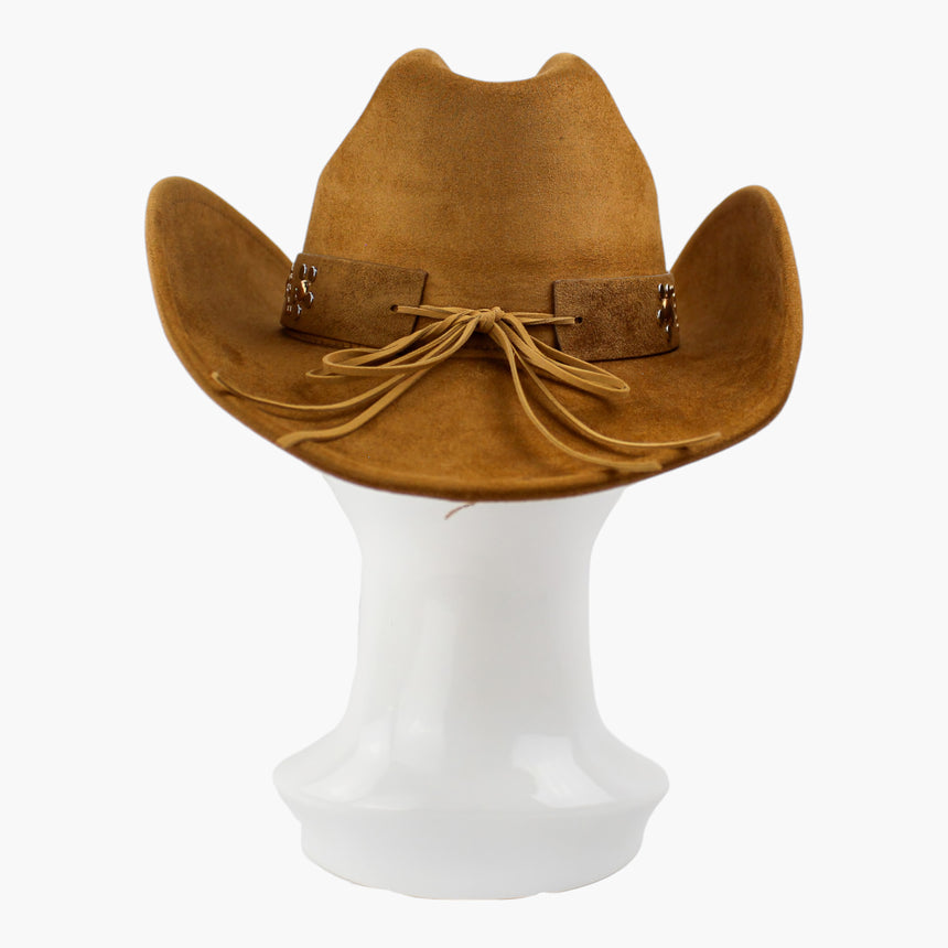 Dot-Stud-Vine Faux-Suede Western hat, back view of the Camel colorway showing the tie cord bowed between the two band ends