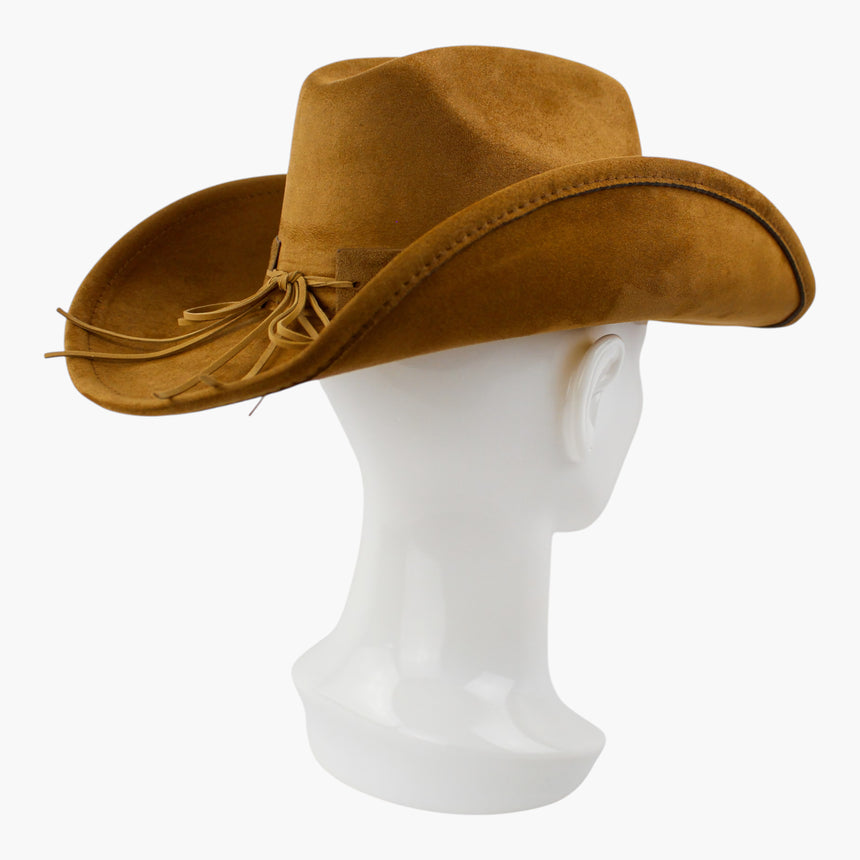 Dot-Stud-Vine Faux-Suede Western hat, Camel colorway at a rear three-quarter angle showing the tie tails trailing on the brim