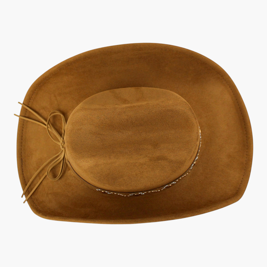 Dot-Stud-Vine Faux-Suede Western hat, Camel colorway seen from above showing the tie bow lying flat on the brim