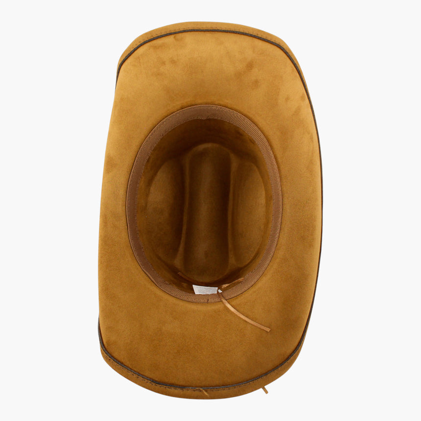 Dot-Stud-Vine Faux-Suede Western hat, underside of the Camel colorway showing the sweatband ring and the adjuster cord