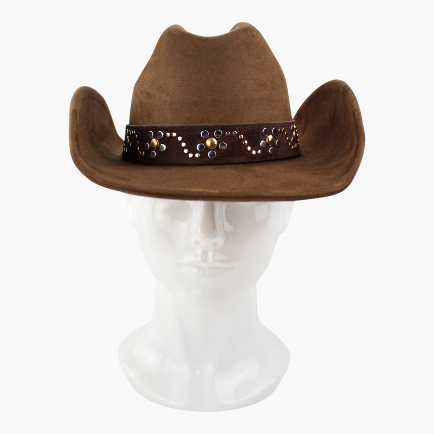 Dot-Stud-Vine Faux-Suede Western hat, front view of the Chocolate colorway showing the silver-tone and gold-tone studs