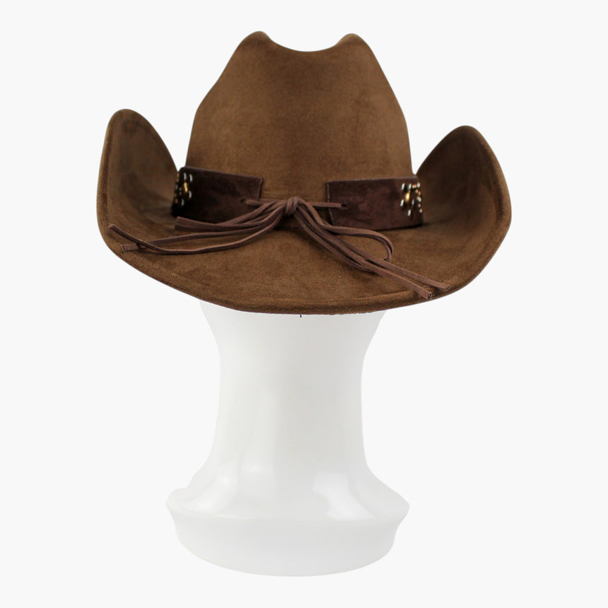 Dot-Stud-Vine Faux-Suede Western hat, back view of the Chocolate colorway showing the tie cord bowed with long loose tails