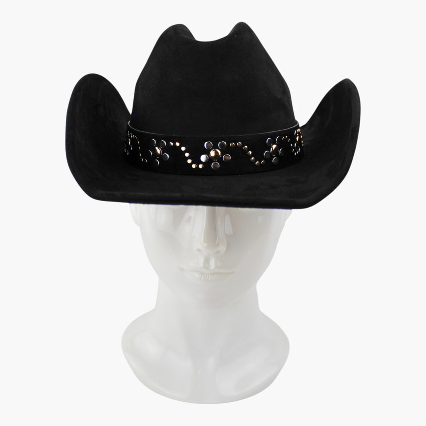 Dot-Stud-Vine Faux-Suede Western hat, front view of the Black colorway showing the stud vine across the full band width