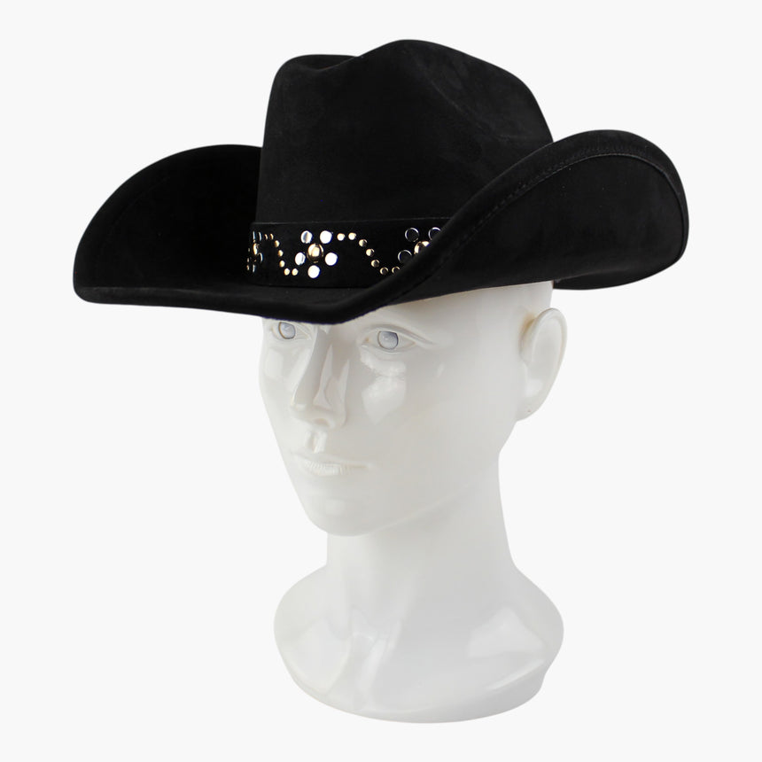 Dot-Stud-Vine Faux-Suede Western hat, Black colorway at a three-quarter angle showing the larger domes at the wave crests
