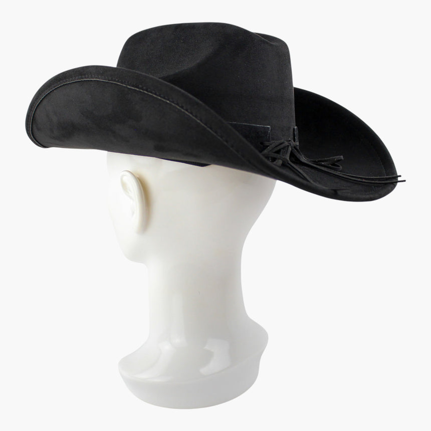 Dot-Stud-Vine Faux-Suede Western hat, Black colorway at a rear three-quarter angle showing the tie cord bowed above the brim