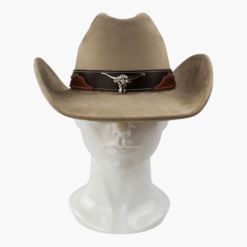 Embossed-Panel Faux-Suede Western hat, front view showing the gold-tone longhorn on the contrast-stitched band