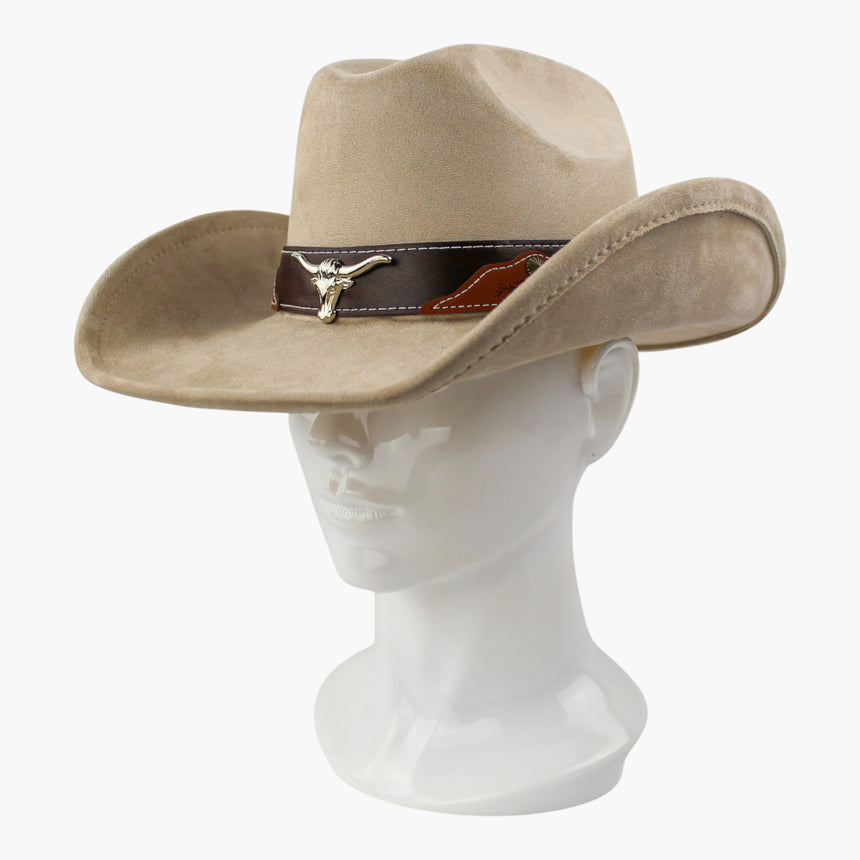 Embossed-Panel Faux-Suede Western hat, at a three-quarter angle showing the floral-embossed side patch and its small concho