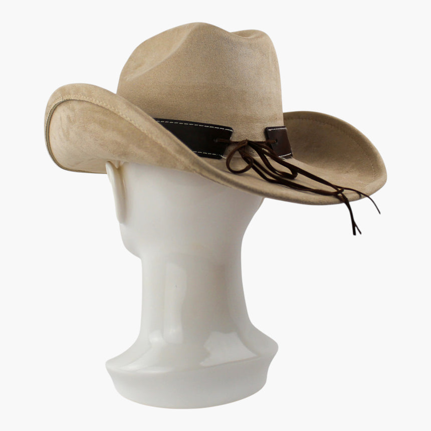 Embossed-Panel Faux-Suede Western hat, at a rear three-quarter angle showing the cord ties knotted between the two band ends