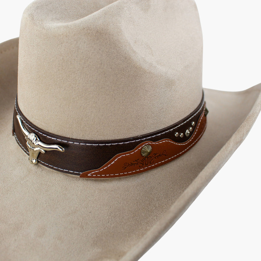 Embossed-Panel Faux-Suede Western hat, in close-up showing the dome studs and the small round concho on the embossed patch