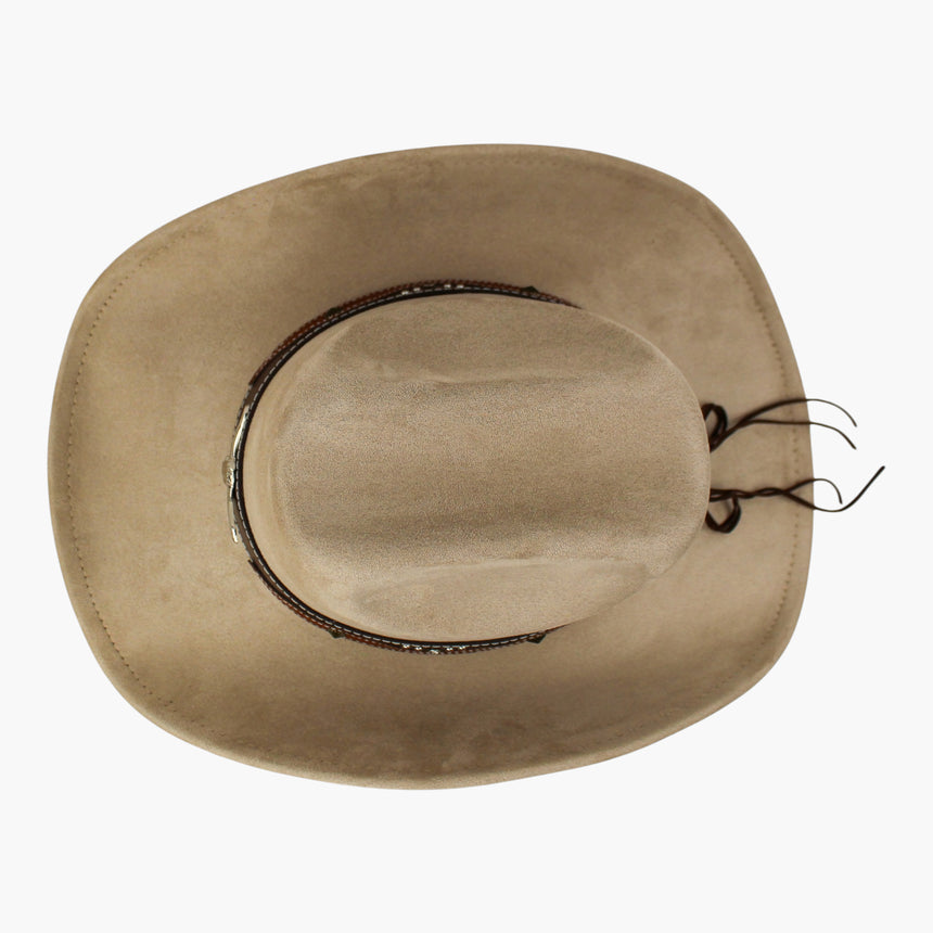 Embossed-Panel Faux-Suede Western hat, seen from above showing the full oval sweep of the curled brim around the crown