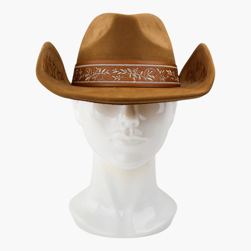 Embroidered-Brim Faux-Suede Western hat, front view showing the cream floral-vine embroidery along the band