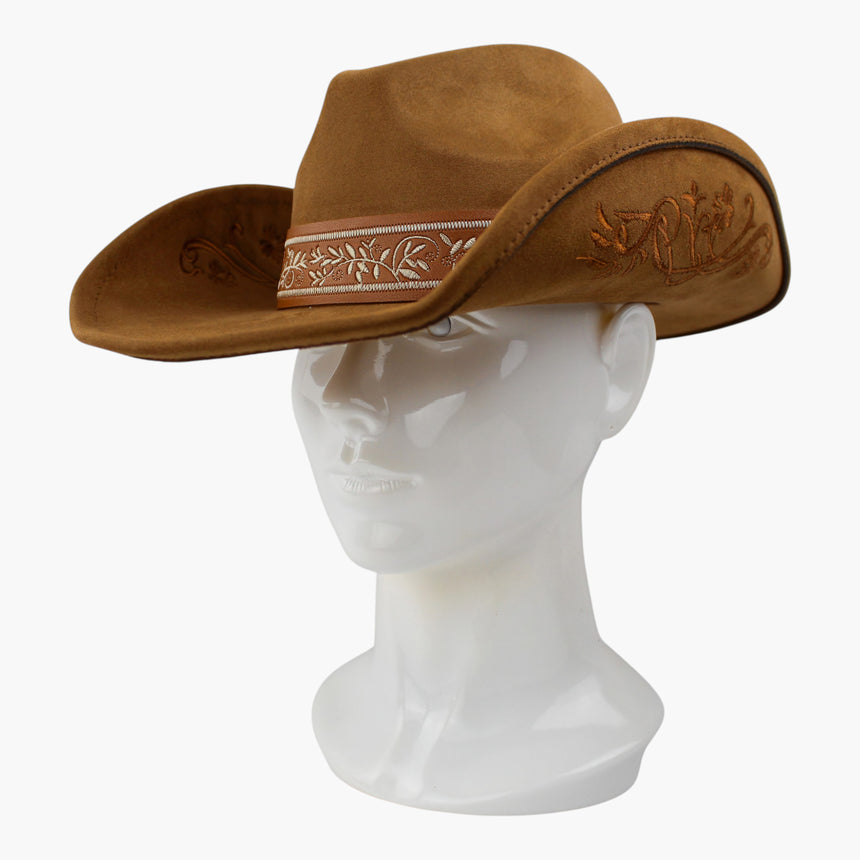 Embroidered-Brim Faux-Suede Western hat, at a three-quarter angle showing the copper-tone scrollwork worked into the brim