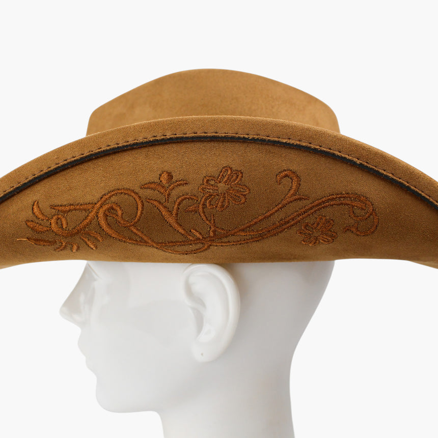 Embroidered-Brim Faux-Suede Western hat, in close-up showing the corded piping running above the brim scrollwork