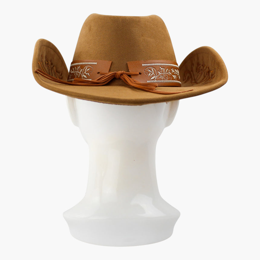 Embroidered-Brim Faux-Suede Western hat, back view showing the tonal lace ties knotted into a fringed bow at the band ends