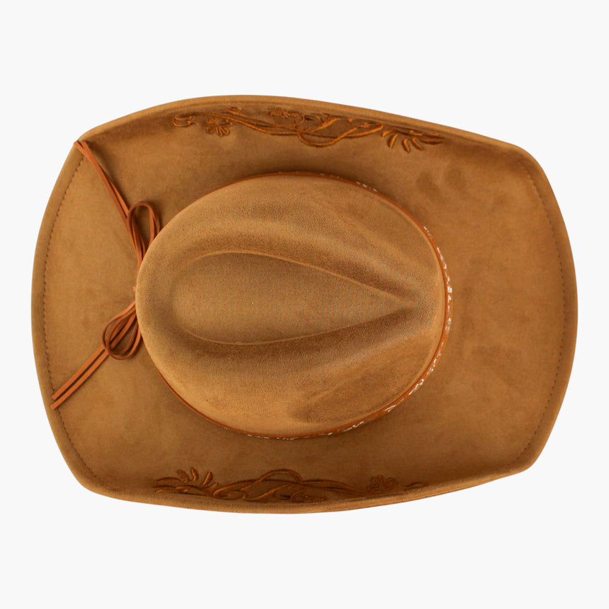 Embroidered-Brim Faux-Suede Western hat, seen from above showing the pinch-front crease with the tie tails on the left brim
