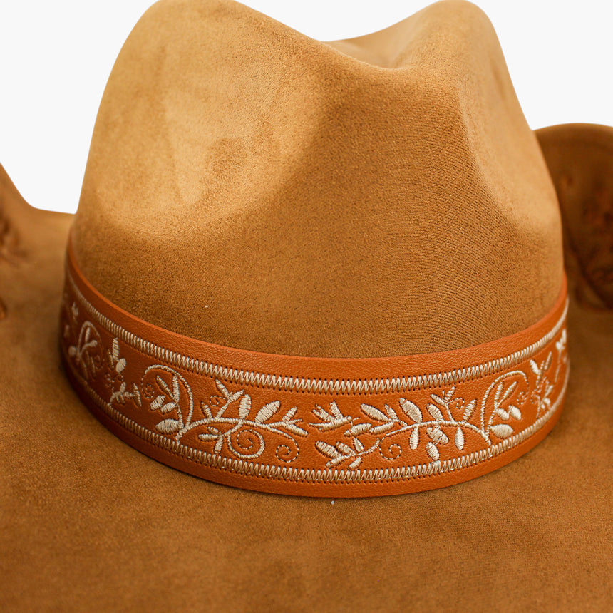 Embroidered-Brim Faux-Suede Western hat, in close-up showing the cream picot edging framing the embroidered vine