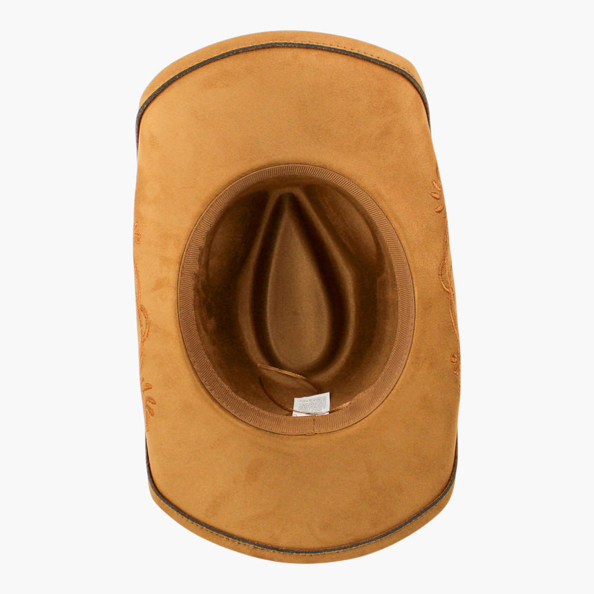 Embroidered-Brim Faux-Suede Western hat, underside showing the sweatband ring and the stitched care label inside the crown