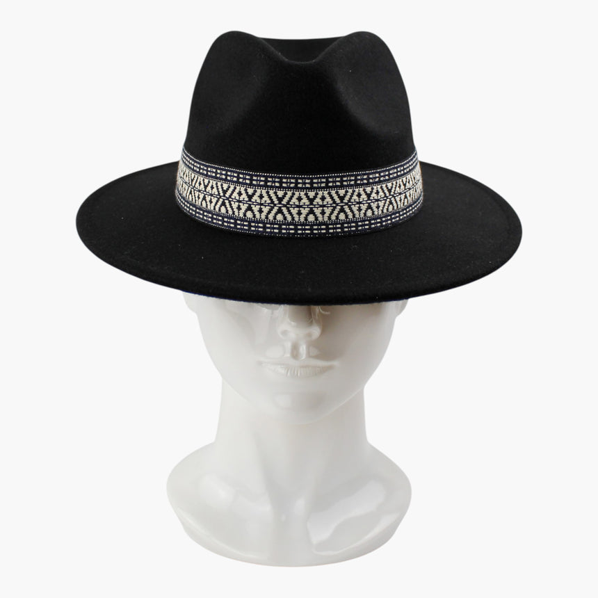 Geometric-Band Felt Fedora hat, front view of the Black colorway showing the cream and navy jacquard band